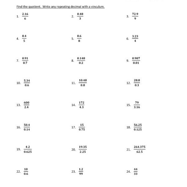 Dividing Decimals Worksheets 7th Grade