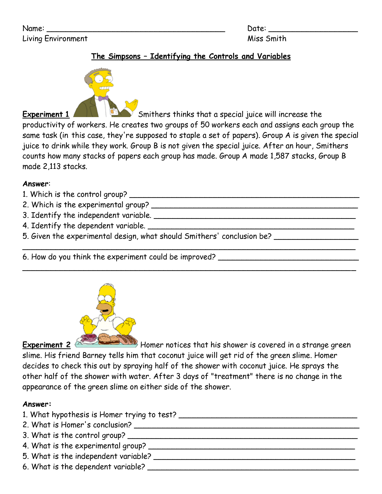 Simpsons Science Experiment Variables Examples Worksheet By Katie