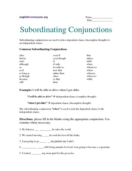 Subordinating Conjunctions Worksheets Worksheets For All