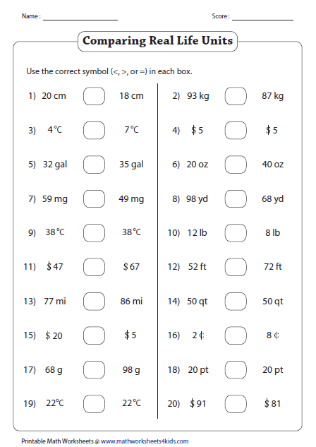 Than Less Than Worksheets