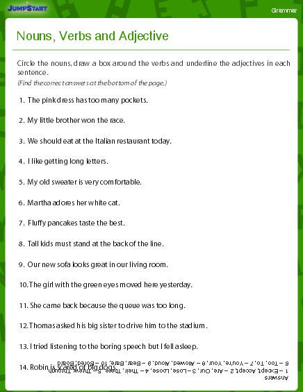 Worksheet Nouns Verbs And Adjectives