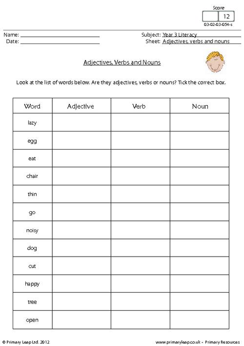 Worksheets On Identifying Nouns Verbs Adjectives And Adverbs
