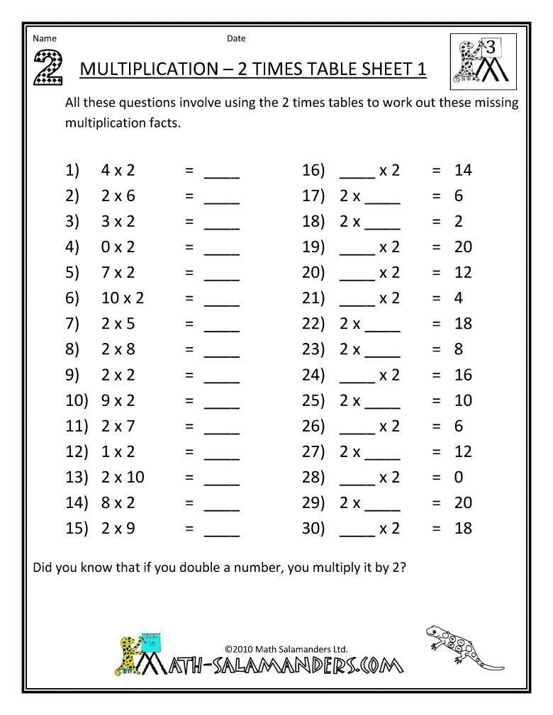 2x Table Worksheet Printable Multiplication Drill Sheets 2 Times