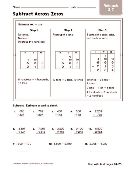 3rd Grade Subtraction Across Zeros Worksheets Worksheets For All