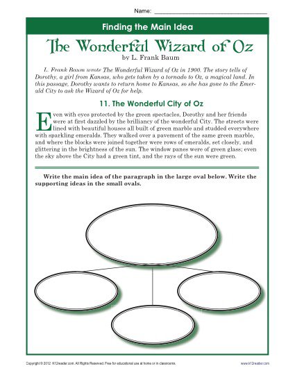 5th Grade Main Idea Worksheet About The Wonderful Wizard Of Oz