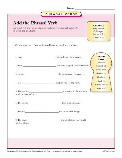 Add The Phrasal Verb Worksheet For 3rd, 4th, 5th Grade