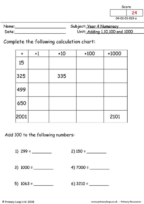 Adding 1 10 100 and 1000 free worksheets samples