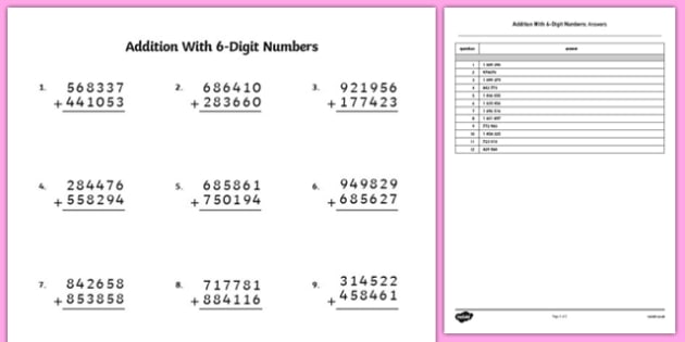 Addition With 6 Digit Numbers Worksheet   Activity Sheet