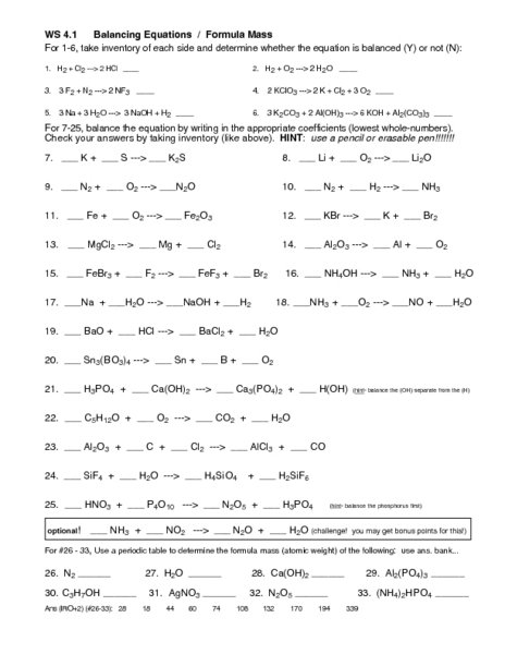 Balancing Chemical Equations Worksheets Middle School