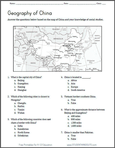 China Map Geography Worksheet