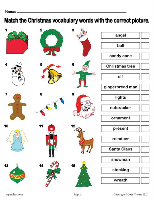 Christmas Vocabulary Words Worksheets