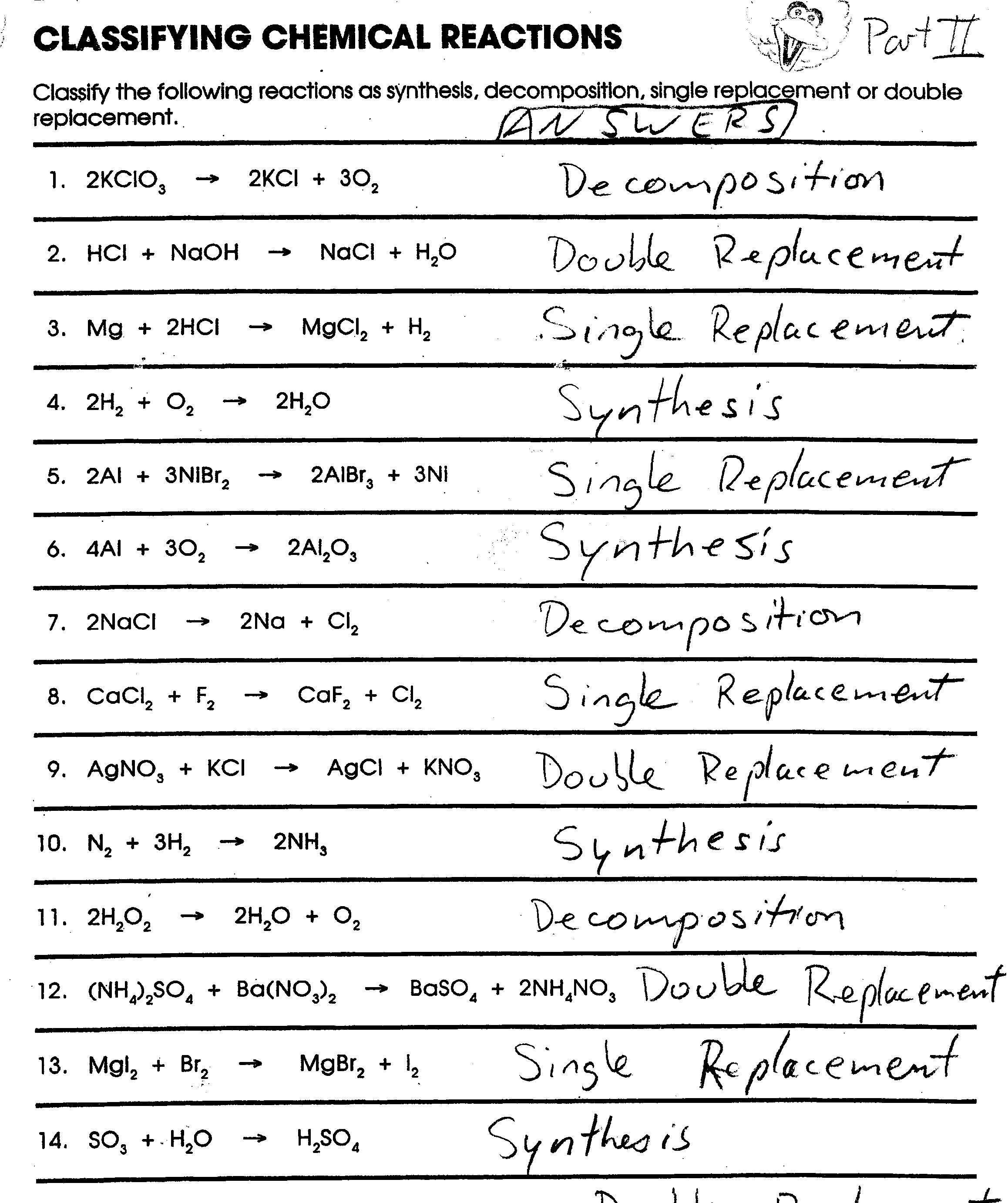 Classifying Chemical Reactions Worksheet The Best Worksheets Image