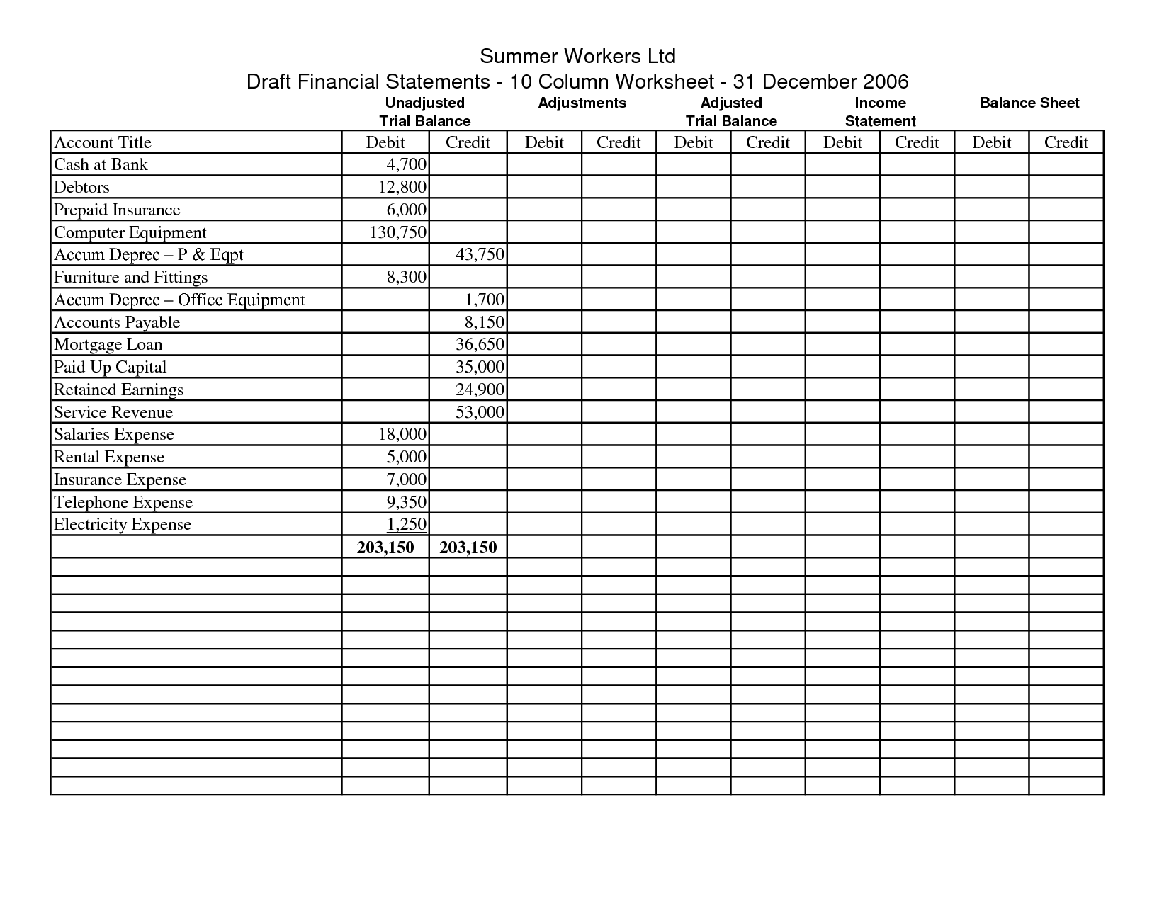 Collection Of Accounting Worksheet Columns