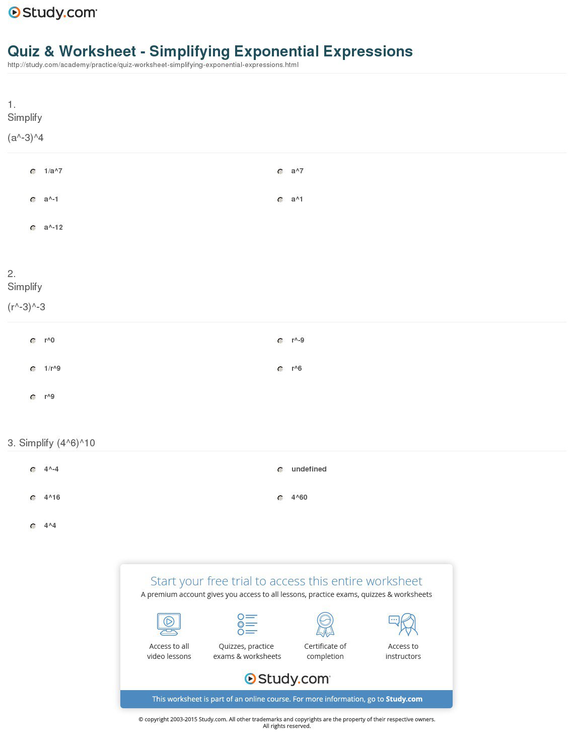 Collection Of Worksheet Simplifying Exponential Expressions