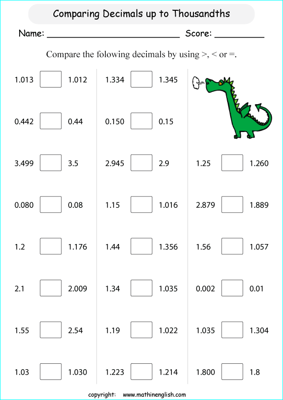 Comparing Decimals To The Thousandths Worksheets
