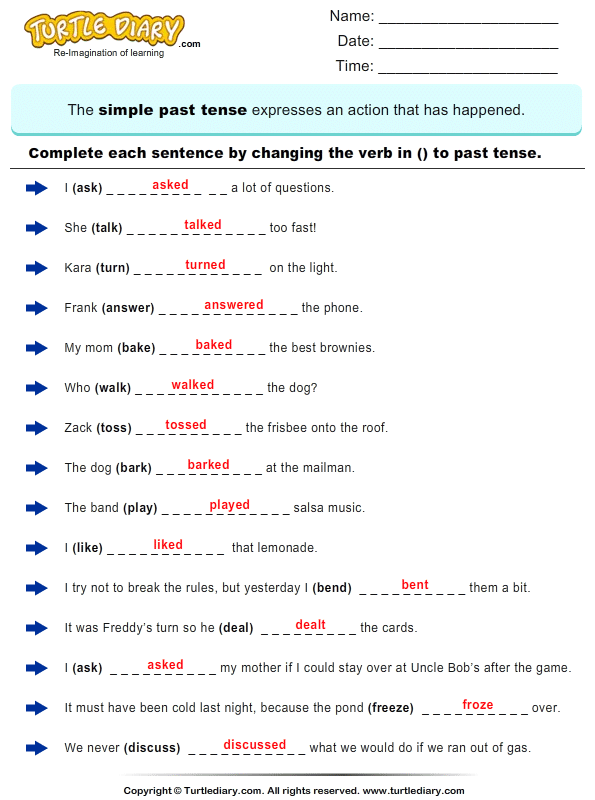 Complete Sentences By Writing Past Tense Form Of Verb Worksheet