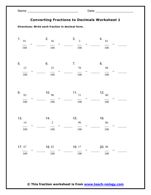 Converting Fractions To Decimals Worksheet Worksheets For All