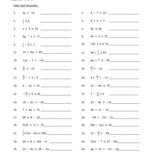 Eighth Grade Solving Inequalities Worksheet 05 One Page Worksheets