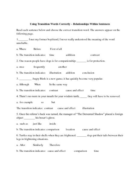 Essay Transition Words Worksheet