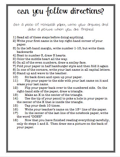 Following Directions Worksheet Middle School Free