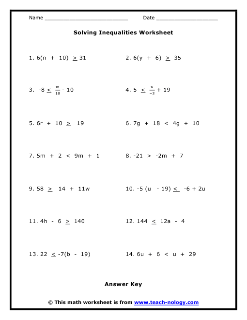 Free Inequalities Worksheets Worksheets For All