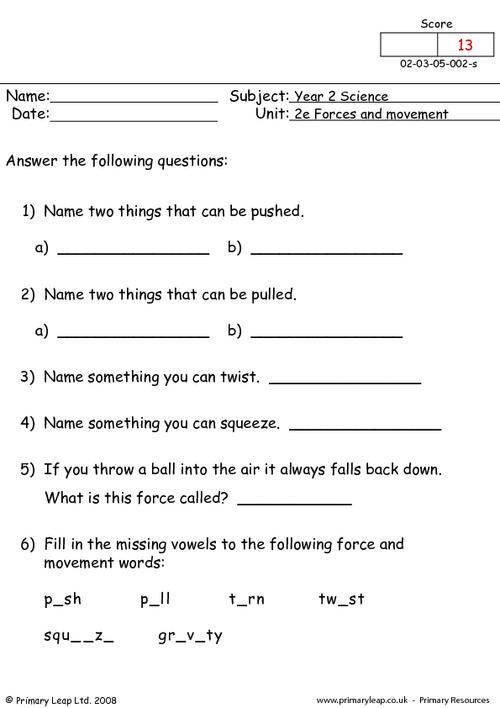 Free Unit 2e Forces And Movement Printable Resource Worksheets For