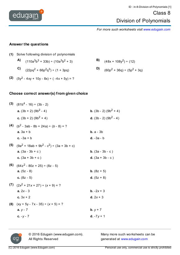 Grade 8 Math Worksheets And Problems  Division Of Polynomials