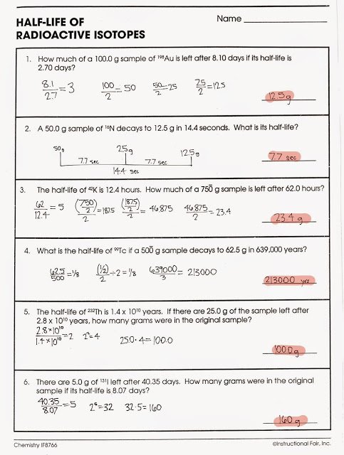 Half Life Of Radioactive Isotopes Worksheet Answers Prowess