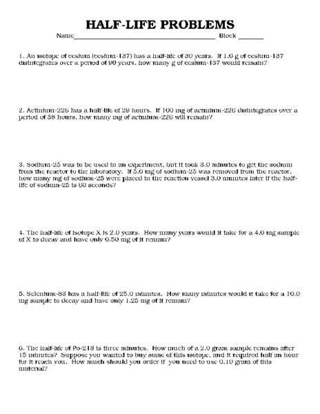 Half Life Problems Worksheet And Answers Worksheets For All