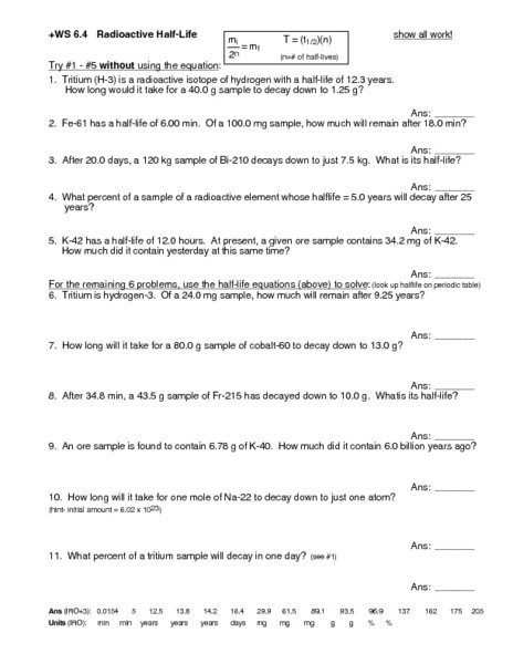 Half Life Worksheets With Answers Worksheets For All