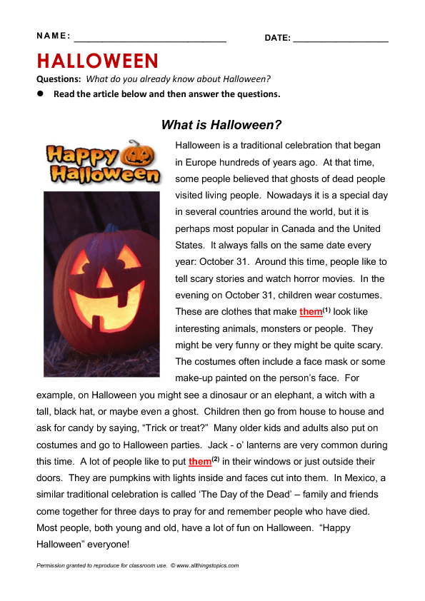 Halloween Worksheets For Middle School