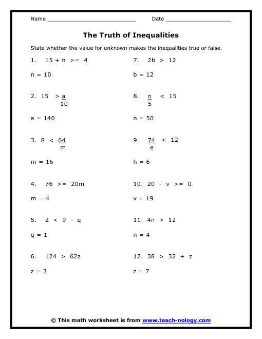 Inequalities Worksheet 8th Grade Worksheets For All