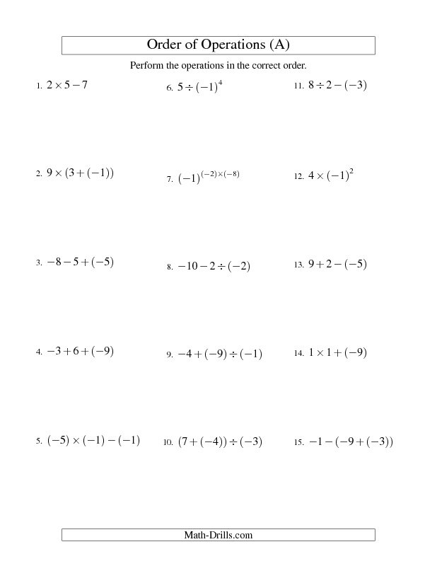 Integer Order Of Operations Worksheet Addition With Positive