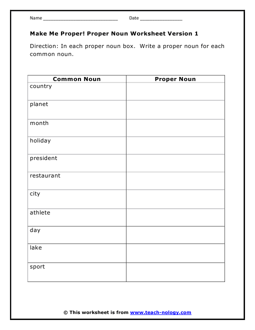 Kindergarten Worksheets On Proper Nouns | Free Worksheets Samples