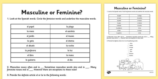 Masculine Or Feminine Genders Worksheet