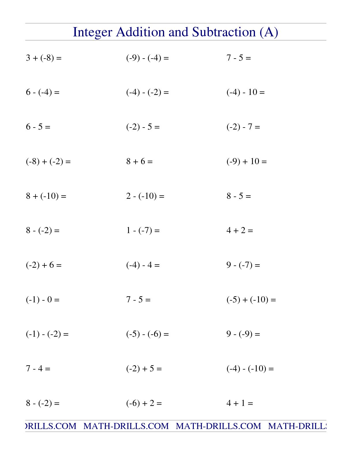 Mathets Printable Adding And Subtracting Integerset Free Integers