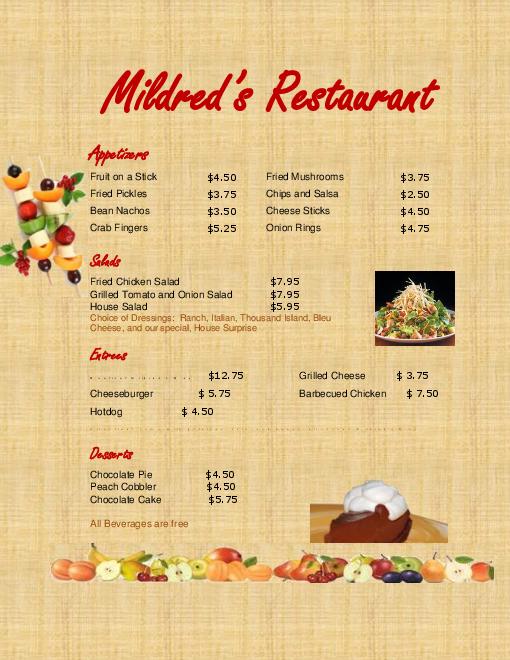 Mildred's Menu Math Project