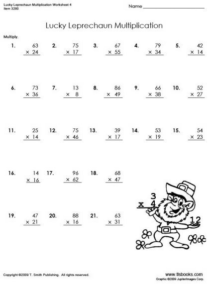 Multiplication Worksheets 4th Grade Lucky Leprechaun