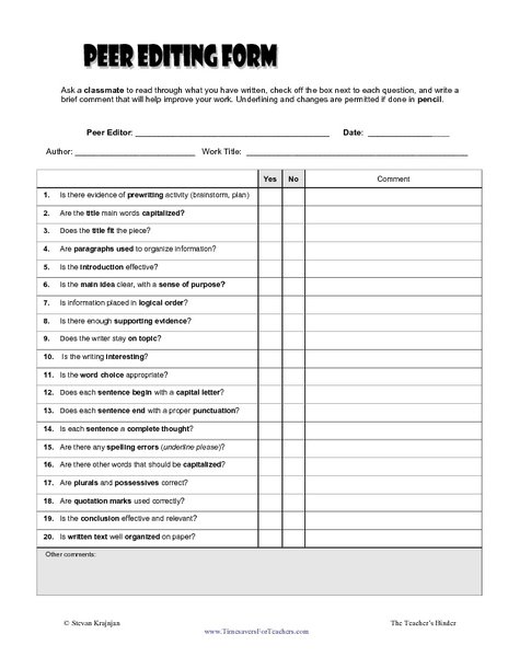 Peer Editing Worksheet Middle School Worksheets For All