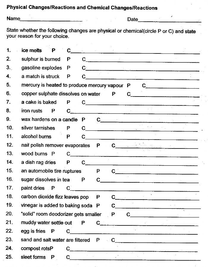 Physical And Chemical Changes Worksheet Physical Properties