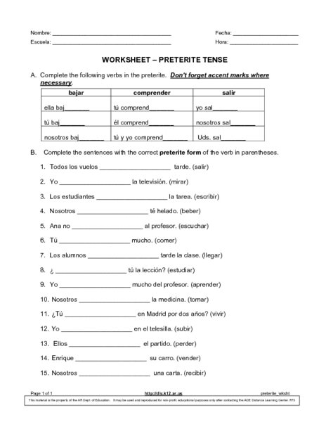 Preterite Tense Worksheets Worksheets For All