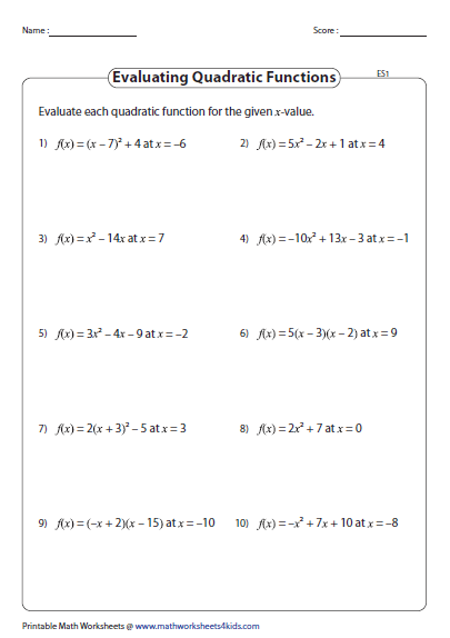 Quadratic Function Worksheets
