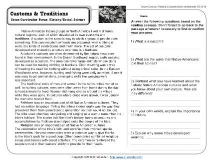 Reading Comprehension Worksheets 7th Grade Customs And Traditions