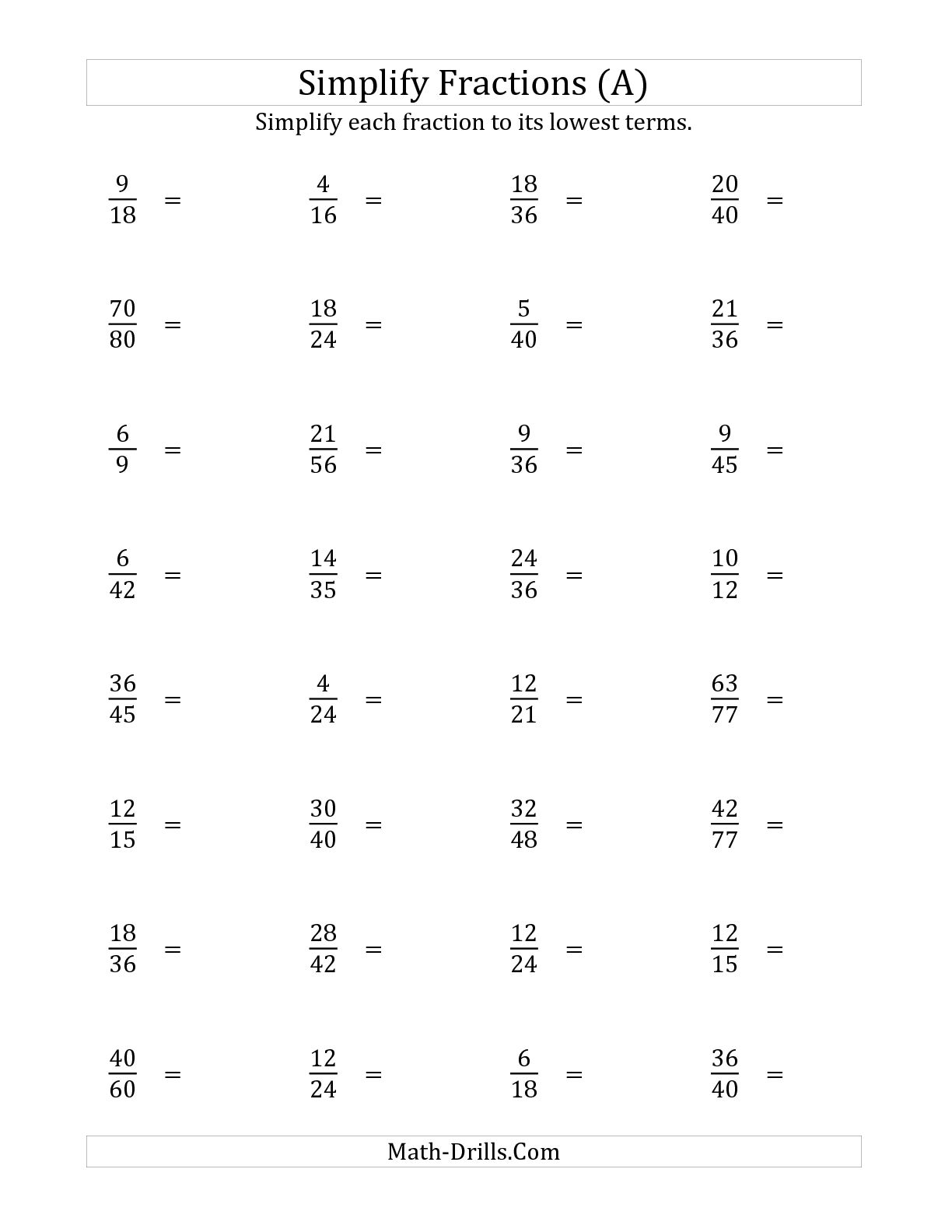 Reducing Fractions Worksheet
