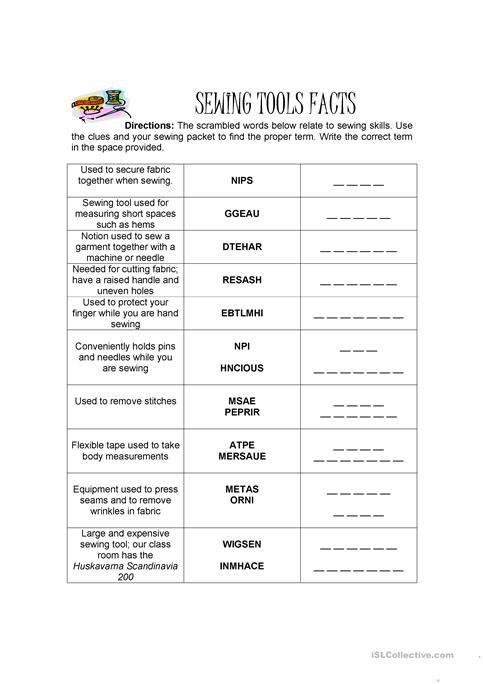 Sewing Tools Worksheet