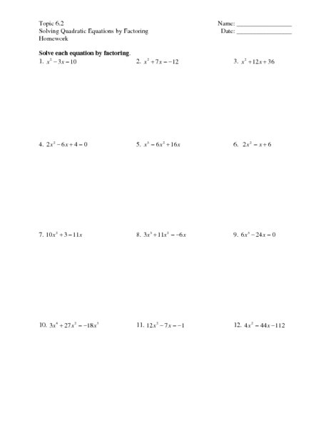 Math worksheets factoring quadratic equations