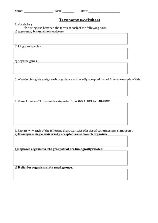 Taxonomy Worksheet Biology Answers