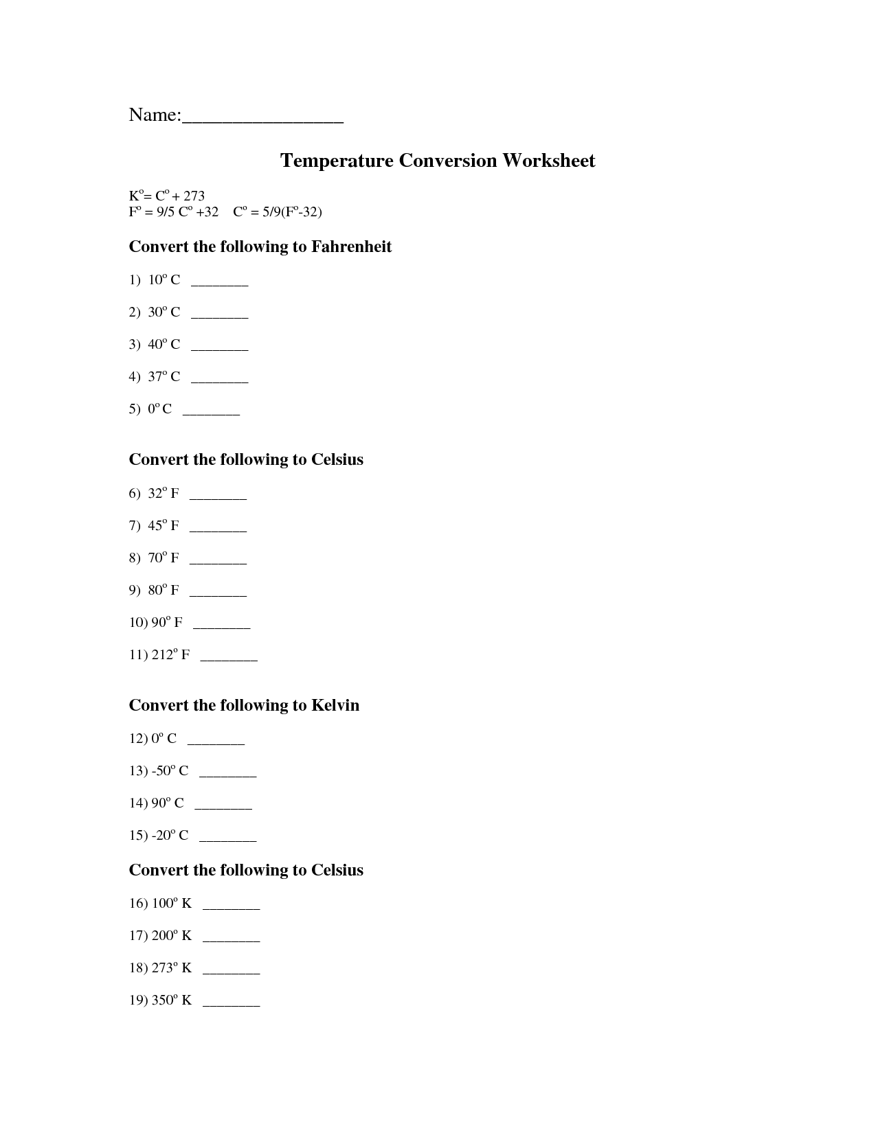 Temperature Conversion Worksheet With Answers