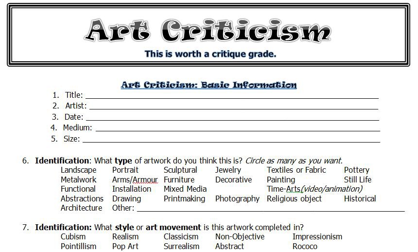 The Smartteacher Resource  Art Criticism Worksheet