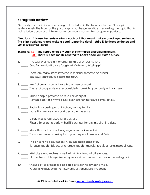 Topic Sentence Worksheet Find The Topic Sentence Worksheet Free
